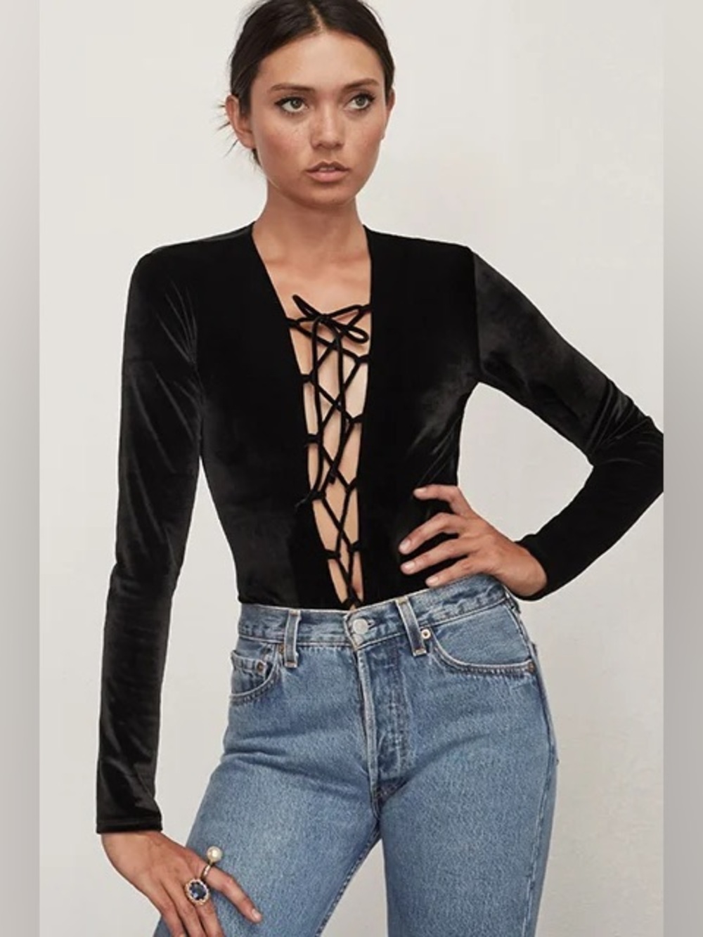 Reformation Avalon Velvet Black Lace Up Plunge Neck Long Sleeve Goth Bodysuit S